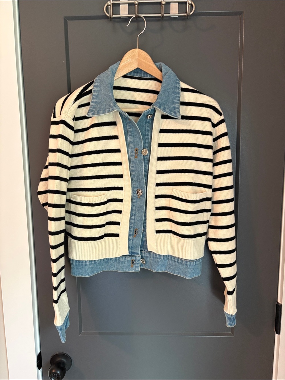 Striped Knit Jacket with Denim Trim - Cream & Black